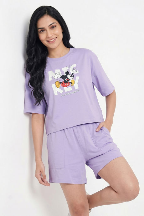Zivame Mickey & Friends Knit Cotton Loungewear Short Set - Pastel Lilac — image 5